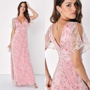 Lulus Dreamiest Desires Pink Floral Flutter Sleeve Maxi Dress